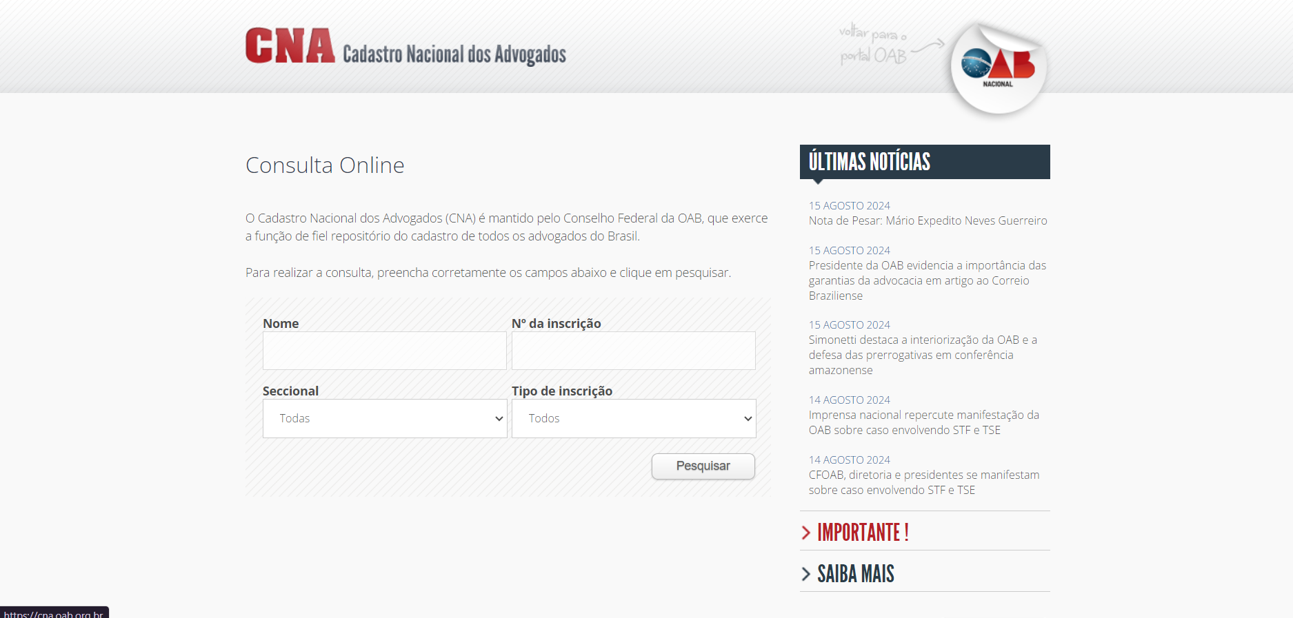 Consulta Cadastro Nacional dos Advogados (CNA)