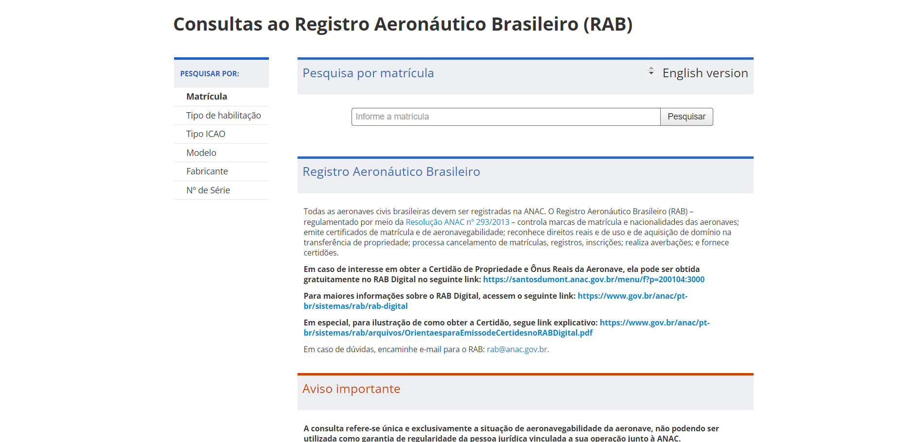 Consultas ao Registro Aeronáutico Brasileiro (RAB)