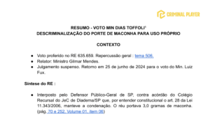 RESUMO -  Voto Min Dias Toffoli, descriminalização do porte de maconha para uso próprio 