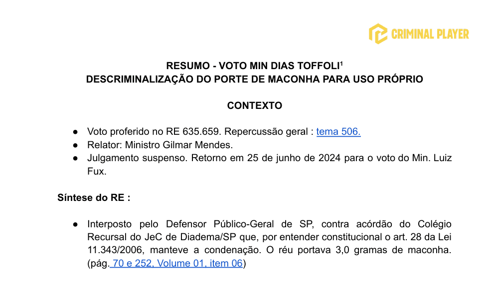 RESUMO - Voto Min Dias Toffoli, descriminalização do porte de maconha para uso próprio