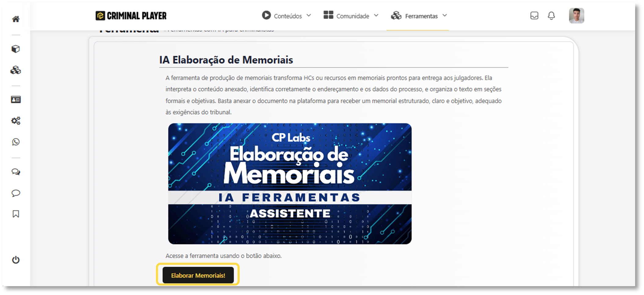 Print do botão Elaborar Memoriais! com destaque