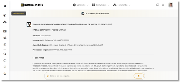 Print da tela com o memorial gerado, dividido por seções