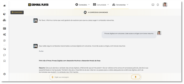 Campo Digite ou fale sua pergunta preenchido com um tema de exemplo