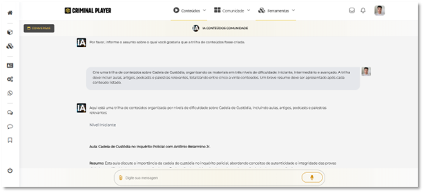 Exemplo de prompt de trilha preenchido e enviado