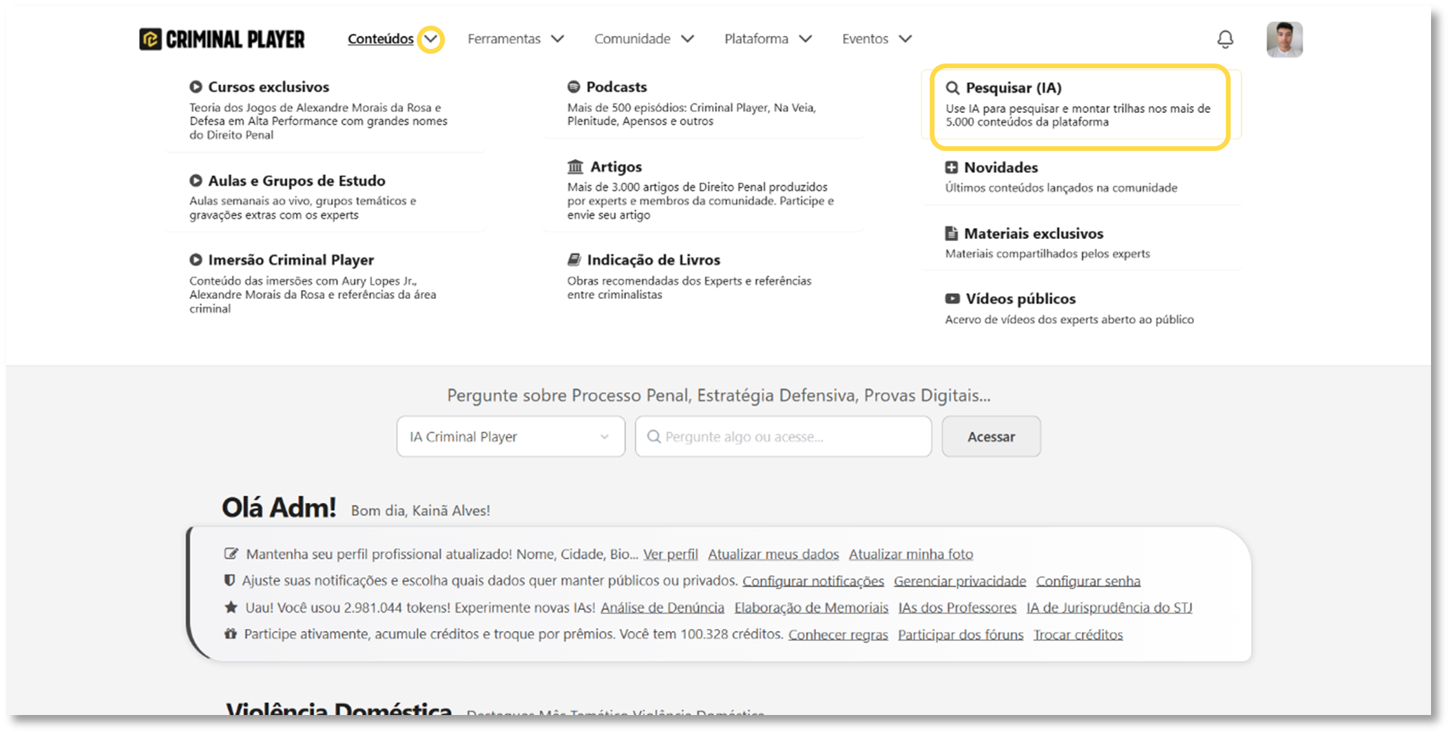 Tela inicial da IA Conteúdos Comunidade com logotipo e quatro cartões de ação