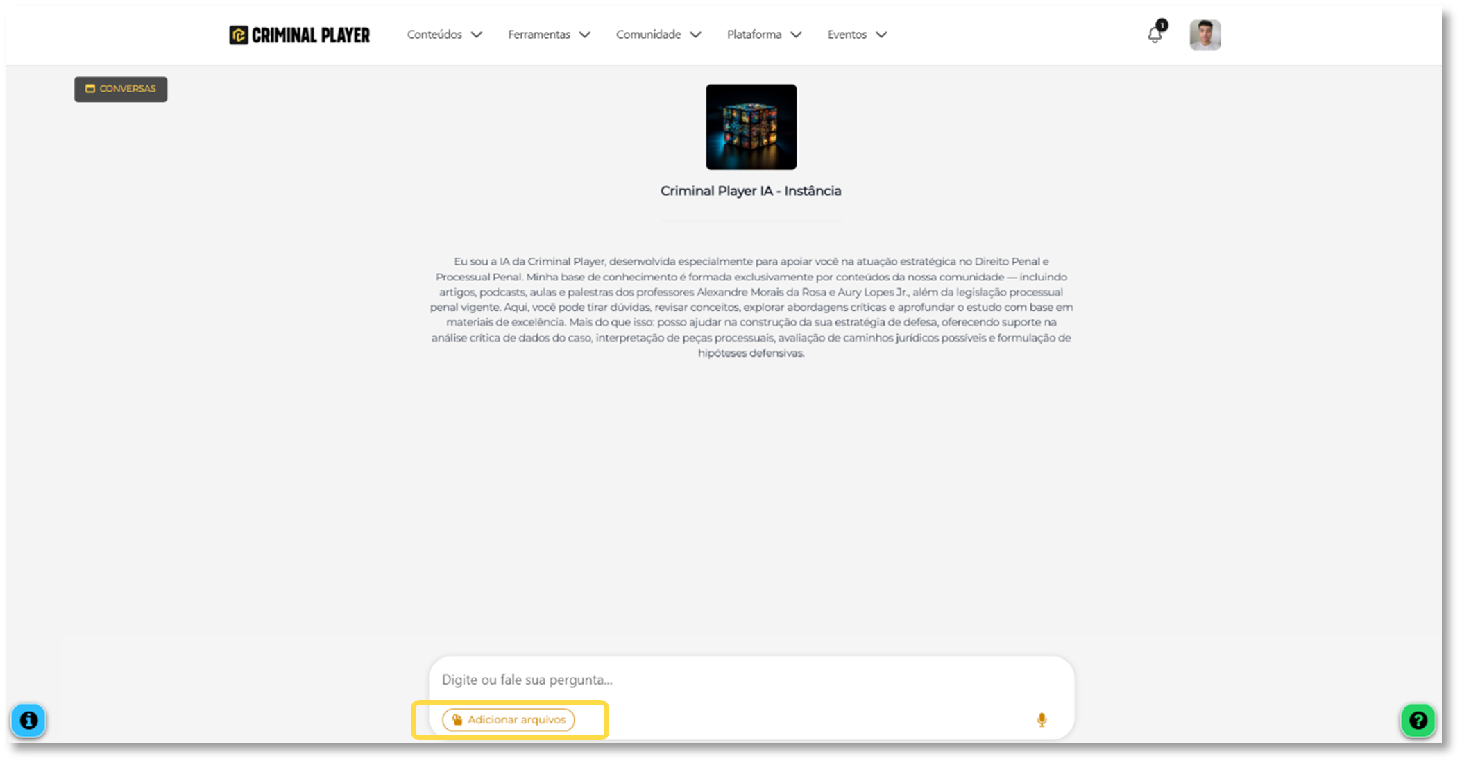 Tela de upload de arquivo de áudio ou vídeo na plataforma
