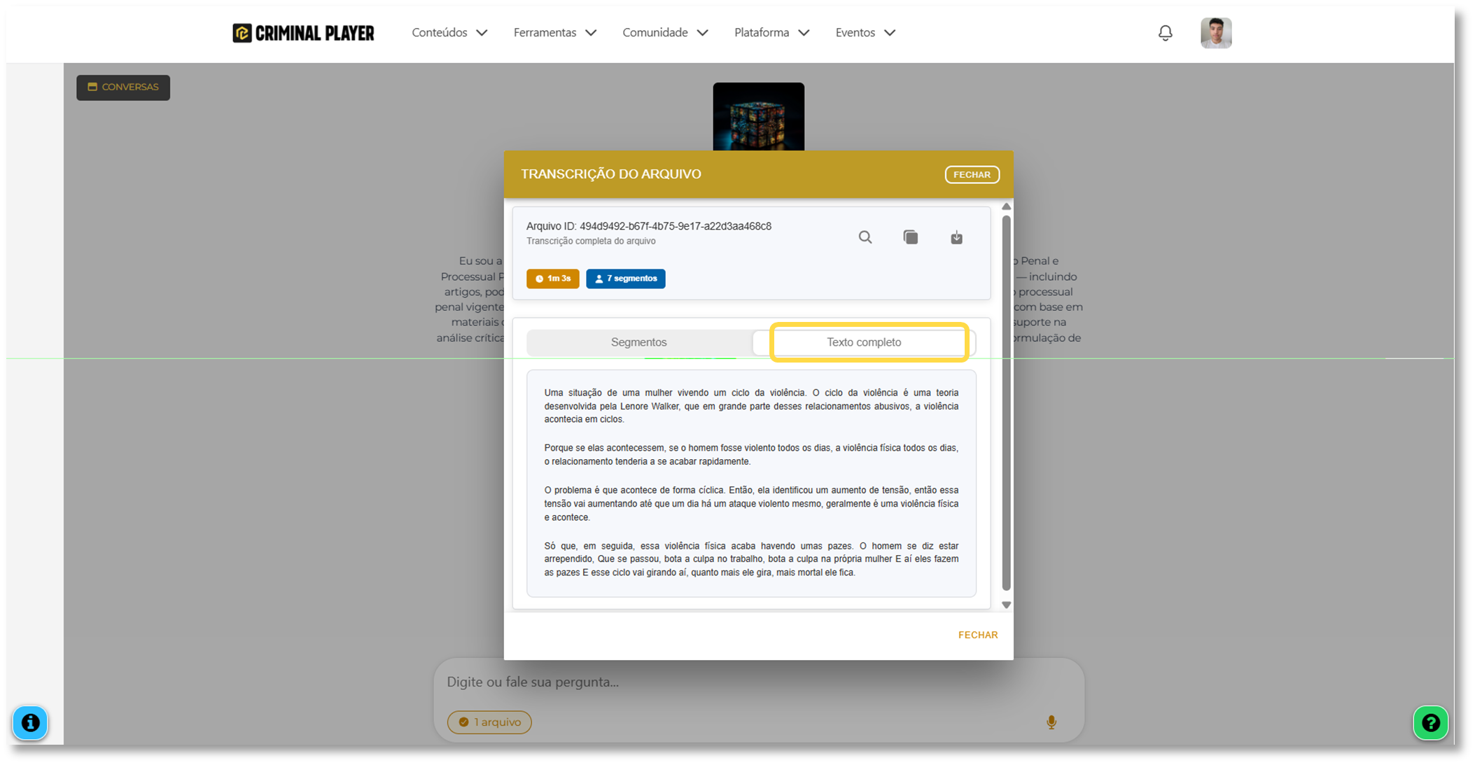 Visualização da transcrição por texto completo