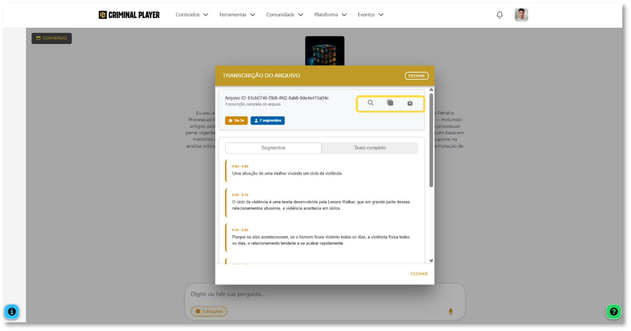 Tela da transcrição com opções de copiar, baixar e pesquisar