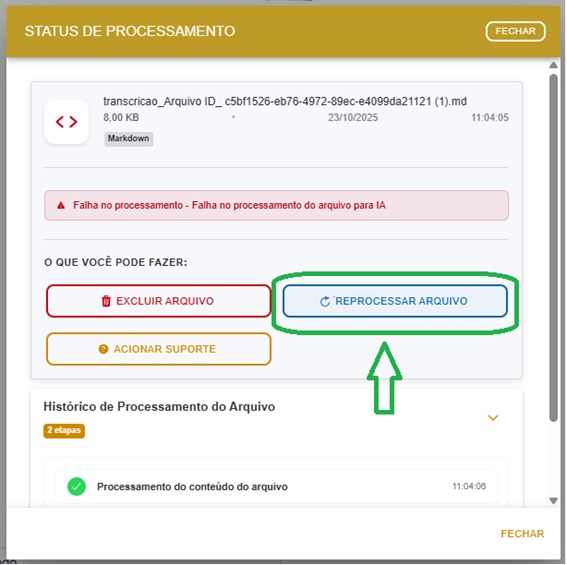 Botão Reprocessar arquivo destacado
