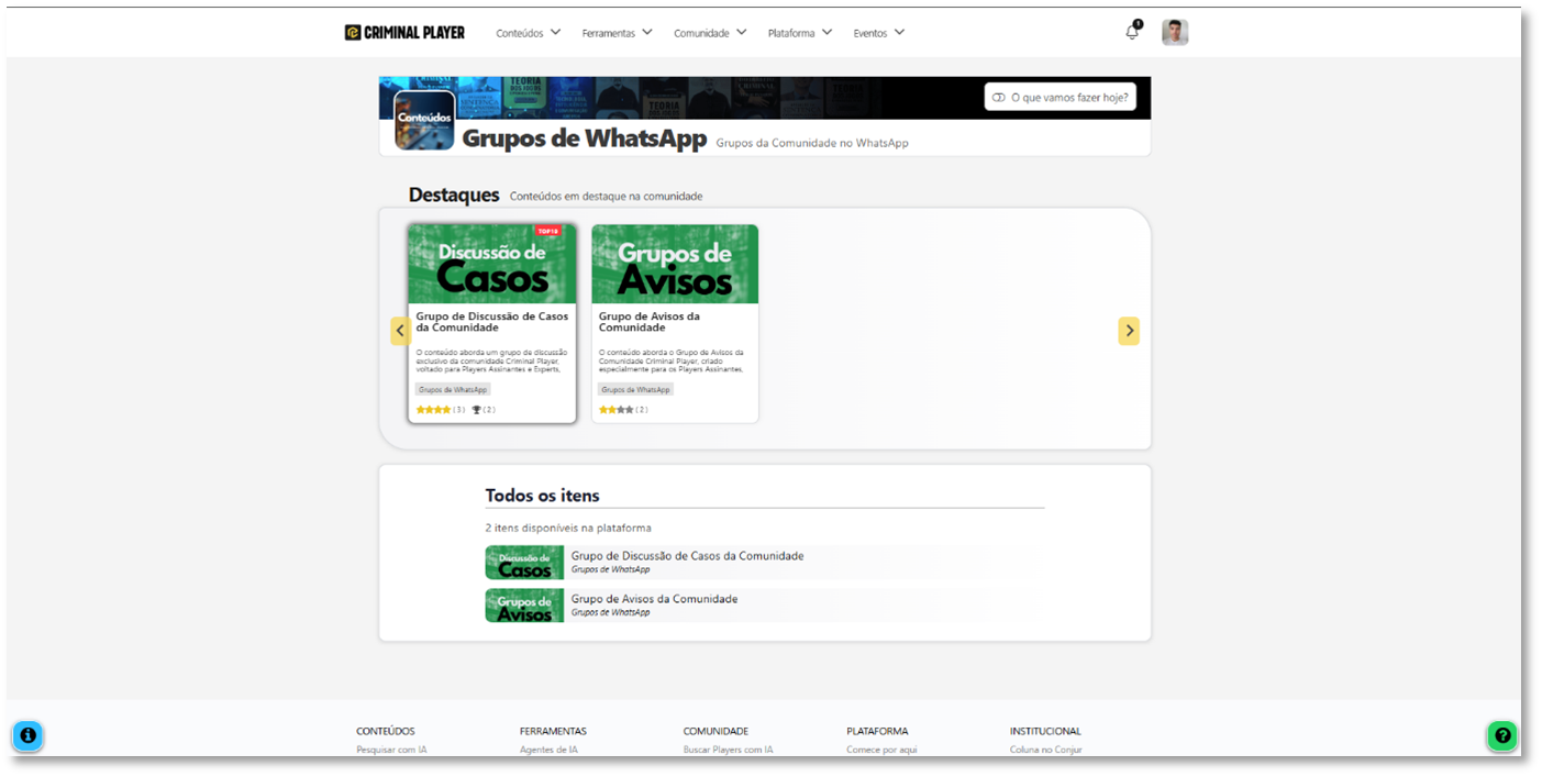 Página com destaque para os grupos de discussão e avisos da comunidade
