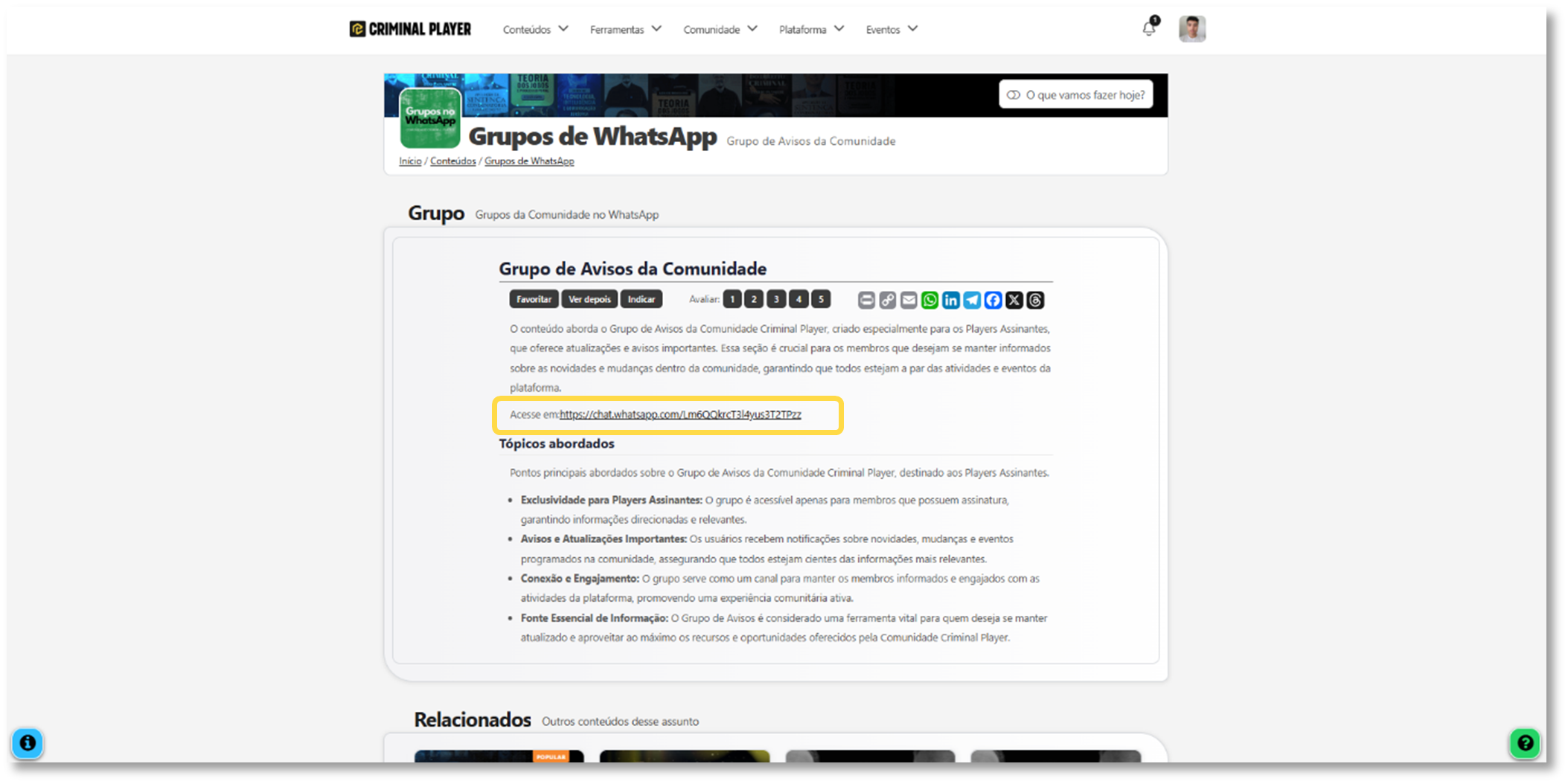 Tela com botão de entrar no grupo do WhatsApp
