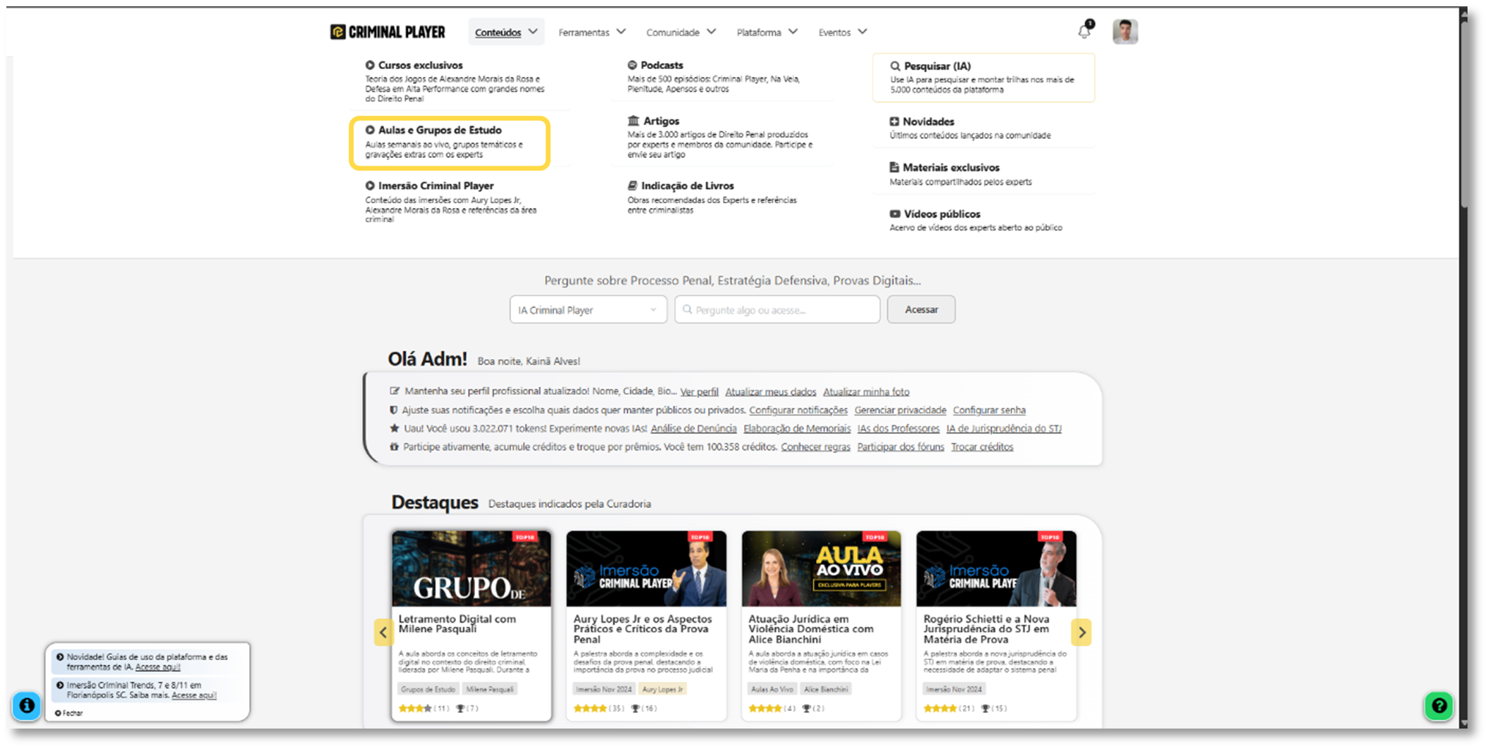 Menu de navegação mostrando a seção de Conteúdos e opção Aulas e Grupos de Estudo