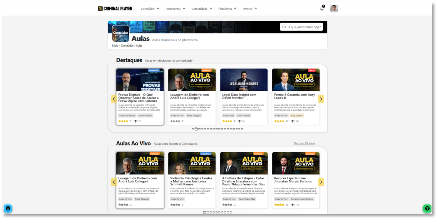 Página de Aulas e Grupos de Estudo com seções de Destaques, Aulas ao Vivo e Grupos de Estudo