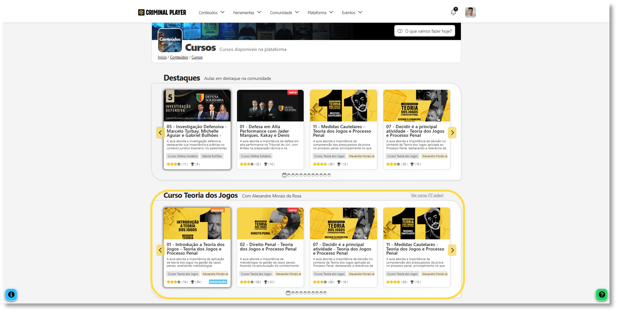 Tela de cursos com destaque para o curso Teoria dos Jogos de Alexandre Morais da Rosa