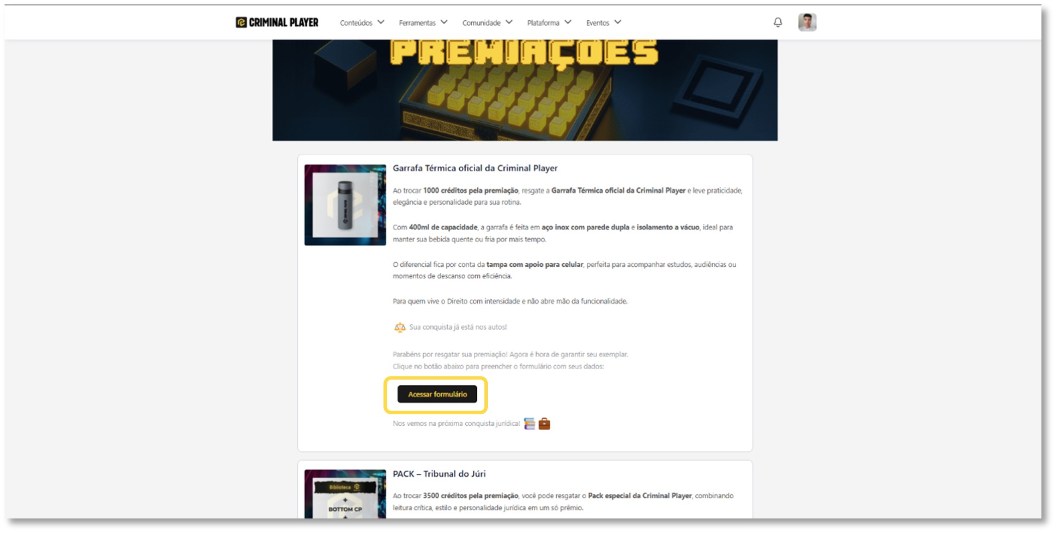 Tela de confirmação do resgate da premiação na Criminal Player.