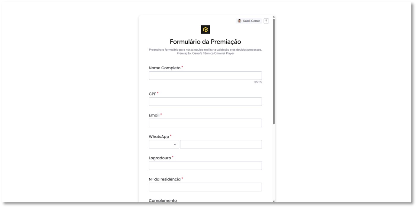 Exemplo de formulário de premiação com campos para nome, CPF, endereço e variações do prêmio.