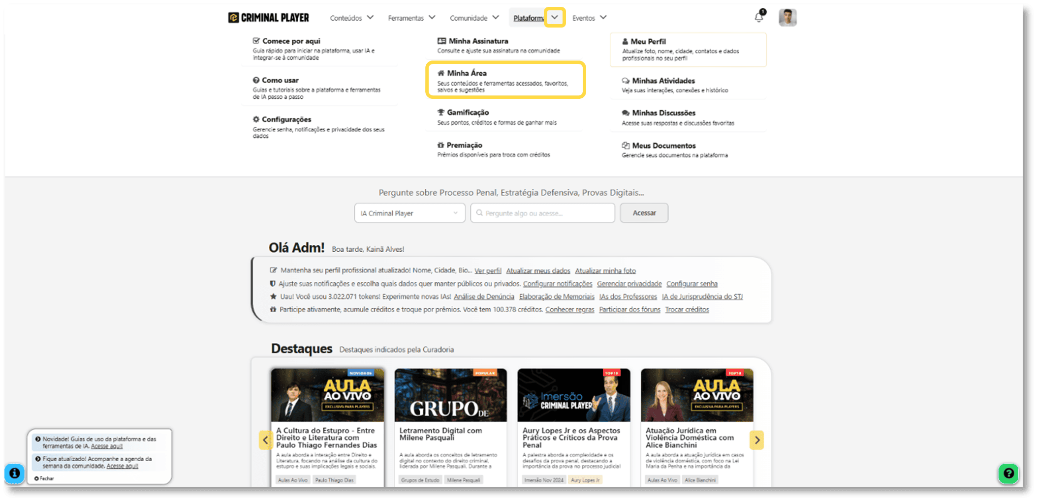 Menu Plataforma com destaque em Minha Área