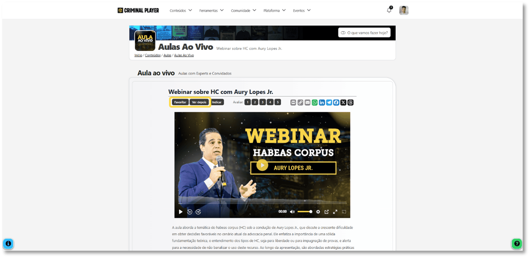 Botão Favoritar destacado em uma aula ao vivo na Criminal Player.