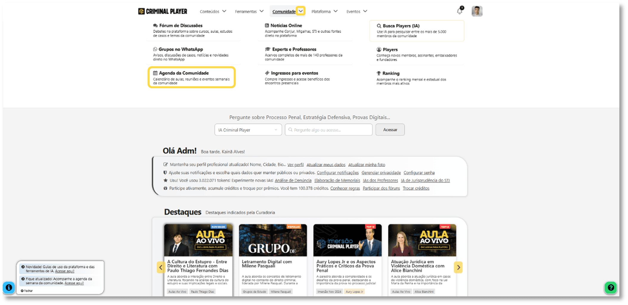 Menu Comunidade com destaque em Agenda da Comunidade.