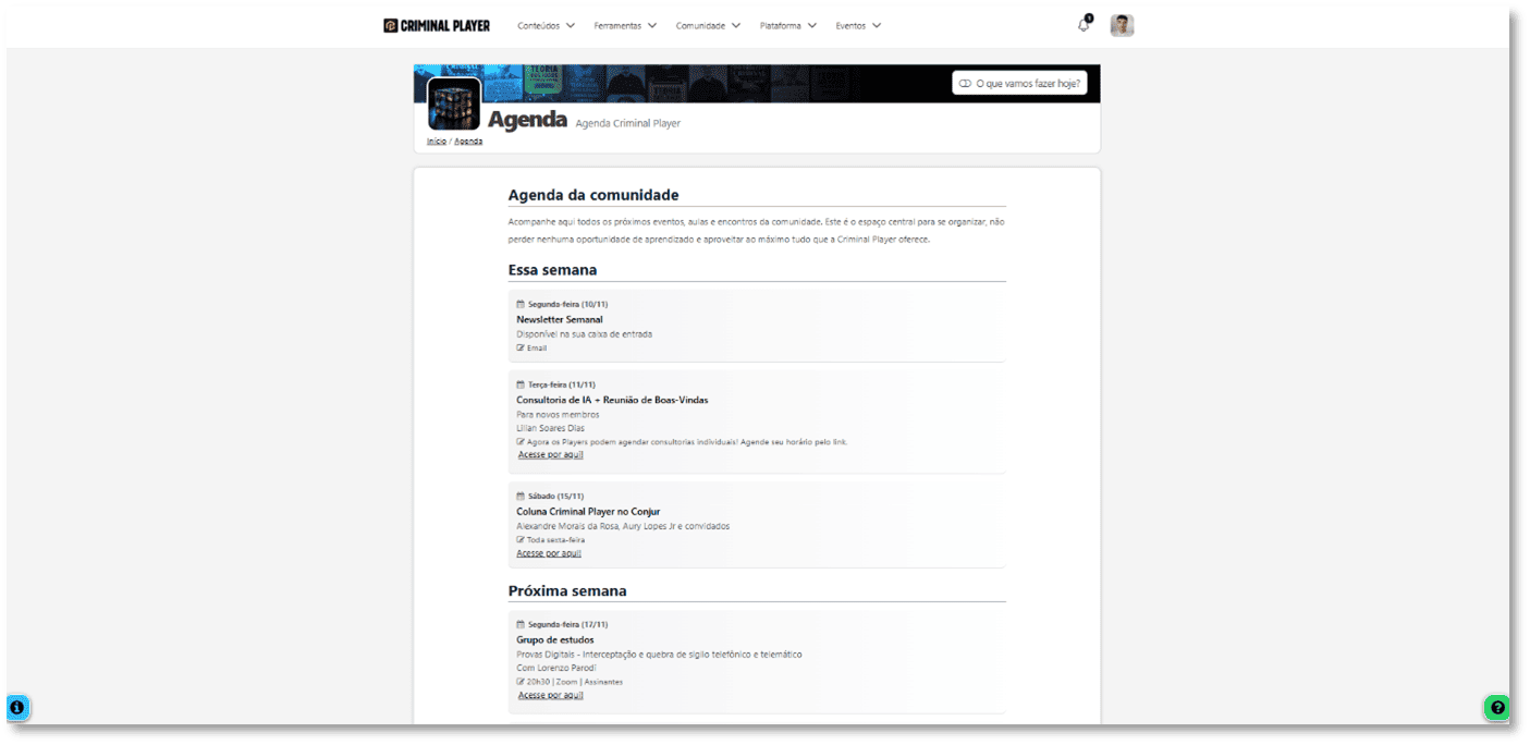 Página da Agenda da Comunidade com calendário e eventos da semana.