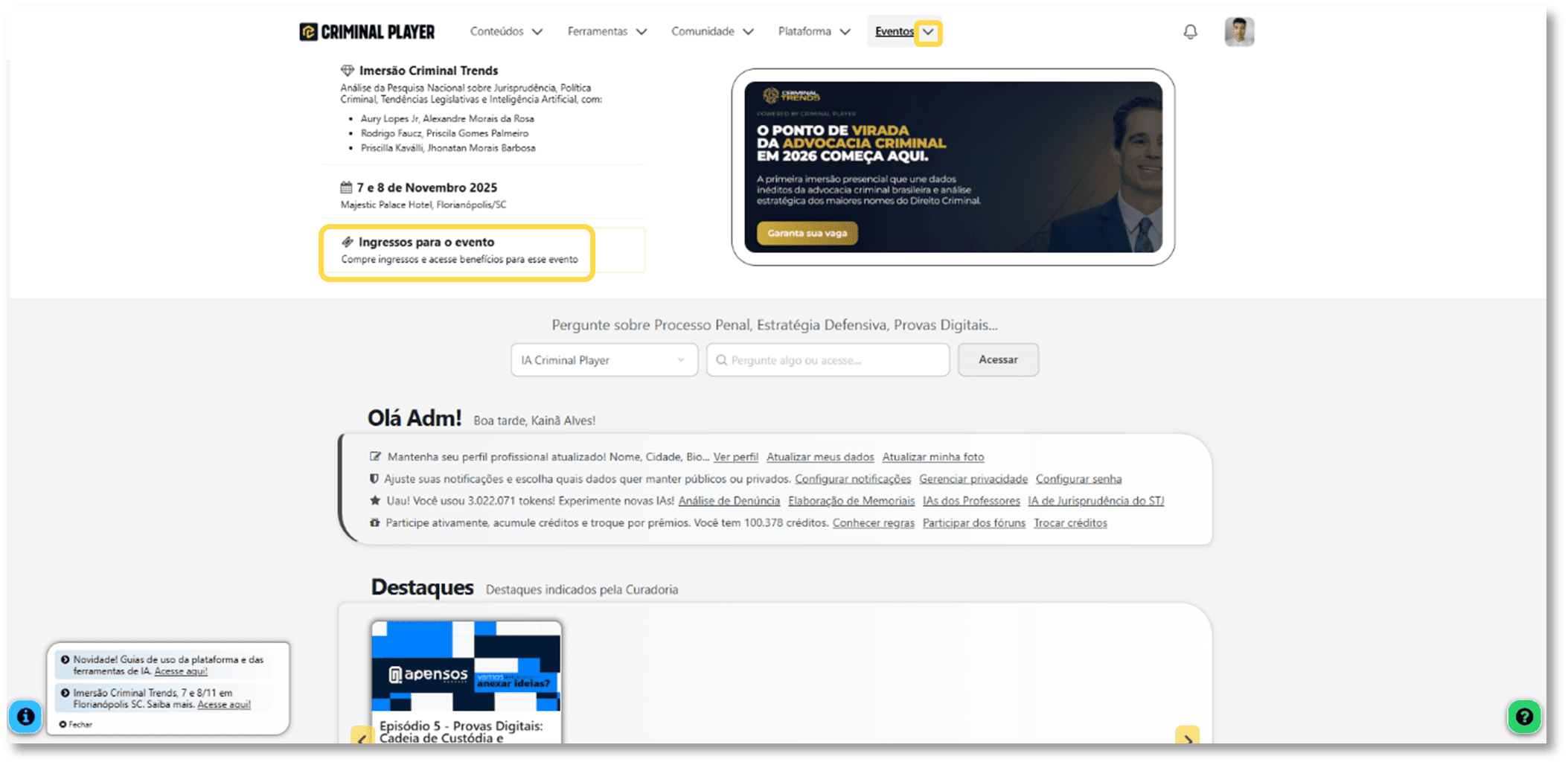 Página de eventos mostrando a Imersão Criminal Trends com botão para garantir vaga.