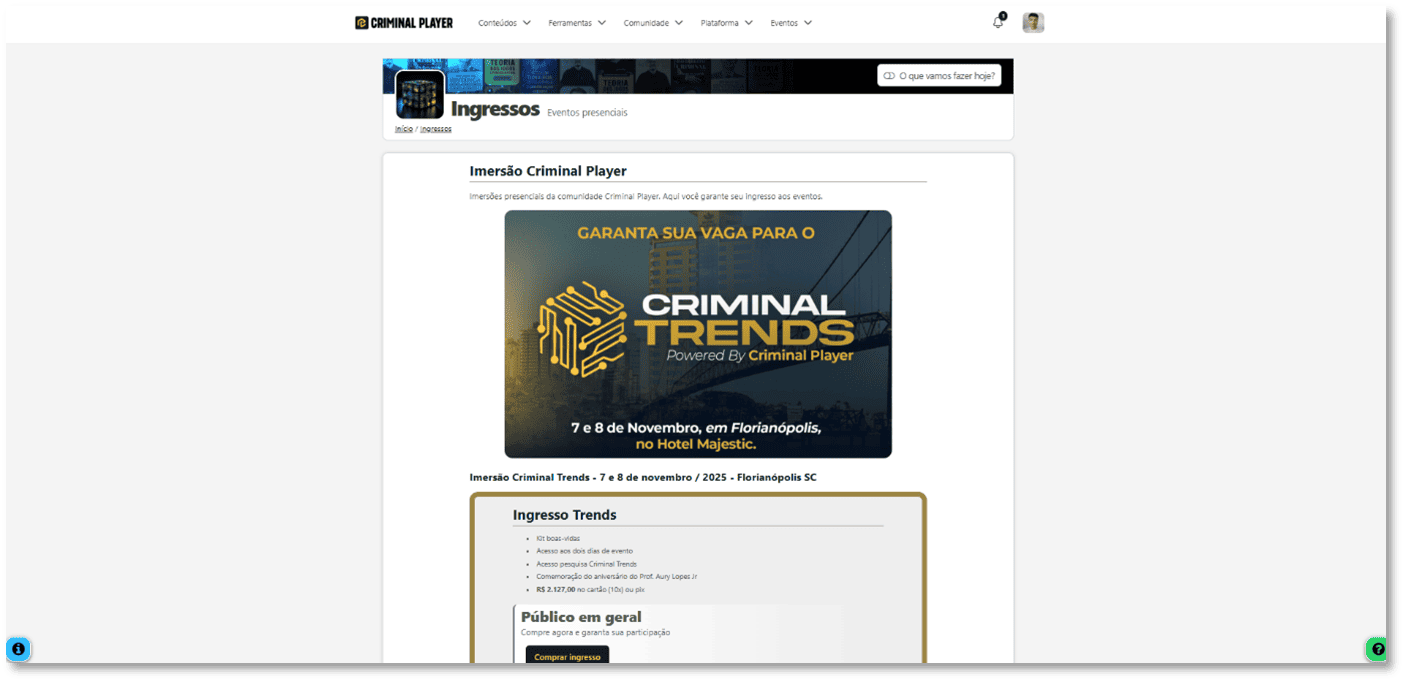 Botão de acesso à página de ingressos do evento.