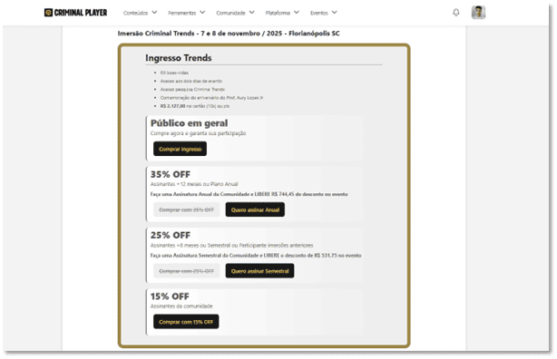 Tipos de ingressos disponíveis para o evento, incluindo o plano Experience.