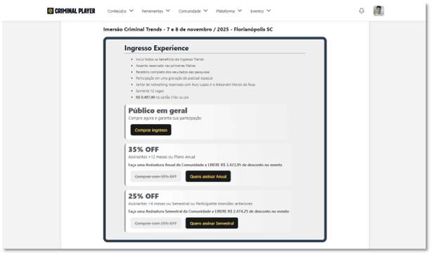Tipos de ingressos disponíveis para o evento, incluindo o plano Experience.