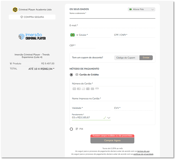 Tela de confirmação de compra de ingresso com opção de pagamento via cartão e Pix.