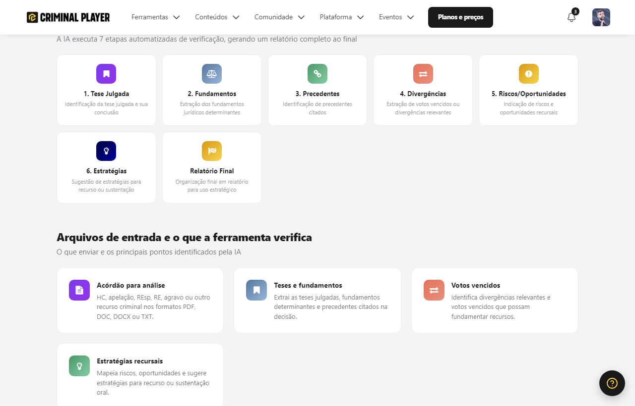 As 7 etapas da ferramenta: tese julgada, fundamentos, precedentes, divergências, riscos/oportunidades, estratégias e relatório final
