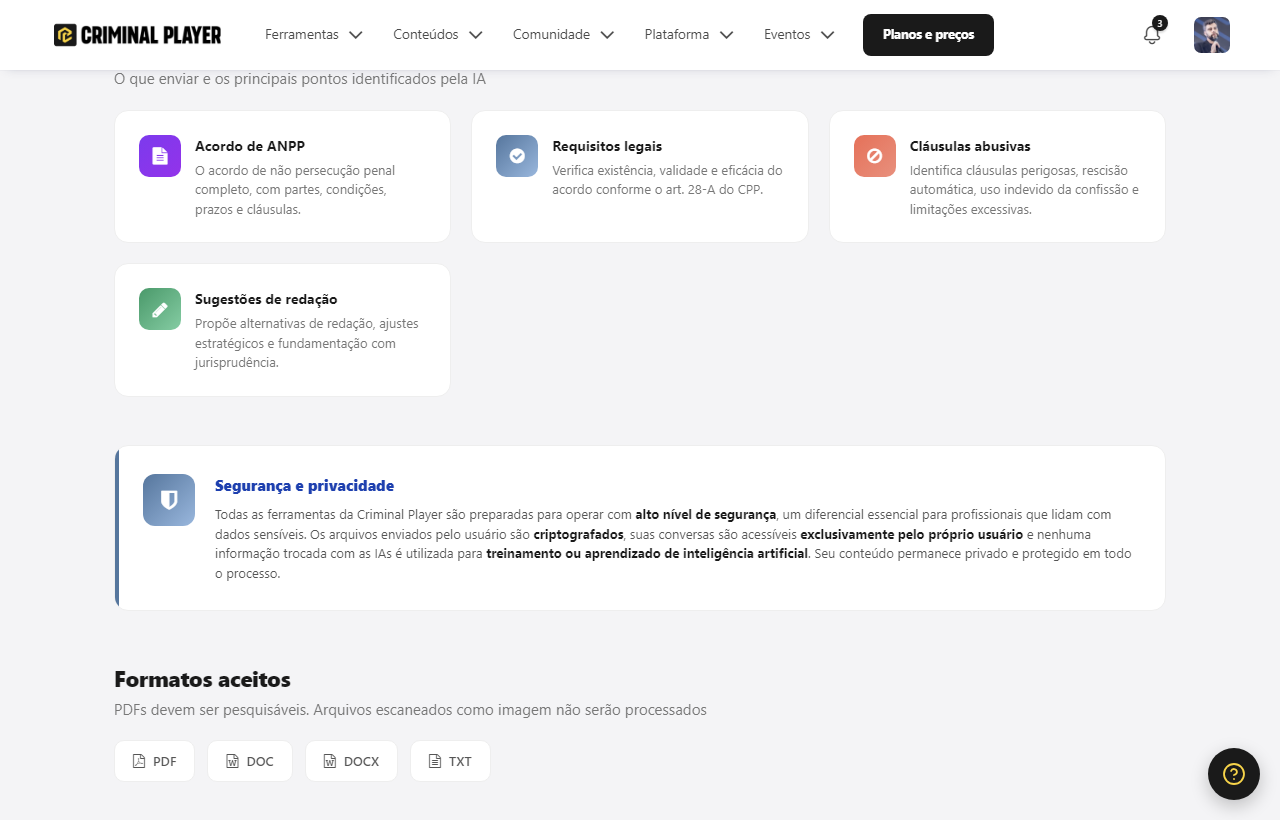 O que enviar e o que a ferramenta verifica: acordo de ANPP, requisitos legais do art. 28-A, cláusulas abusivas e sugestões de redação