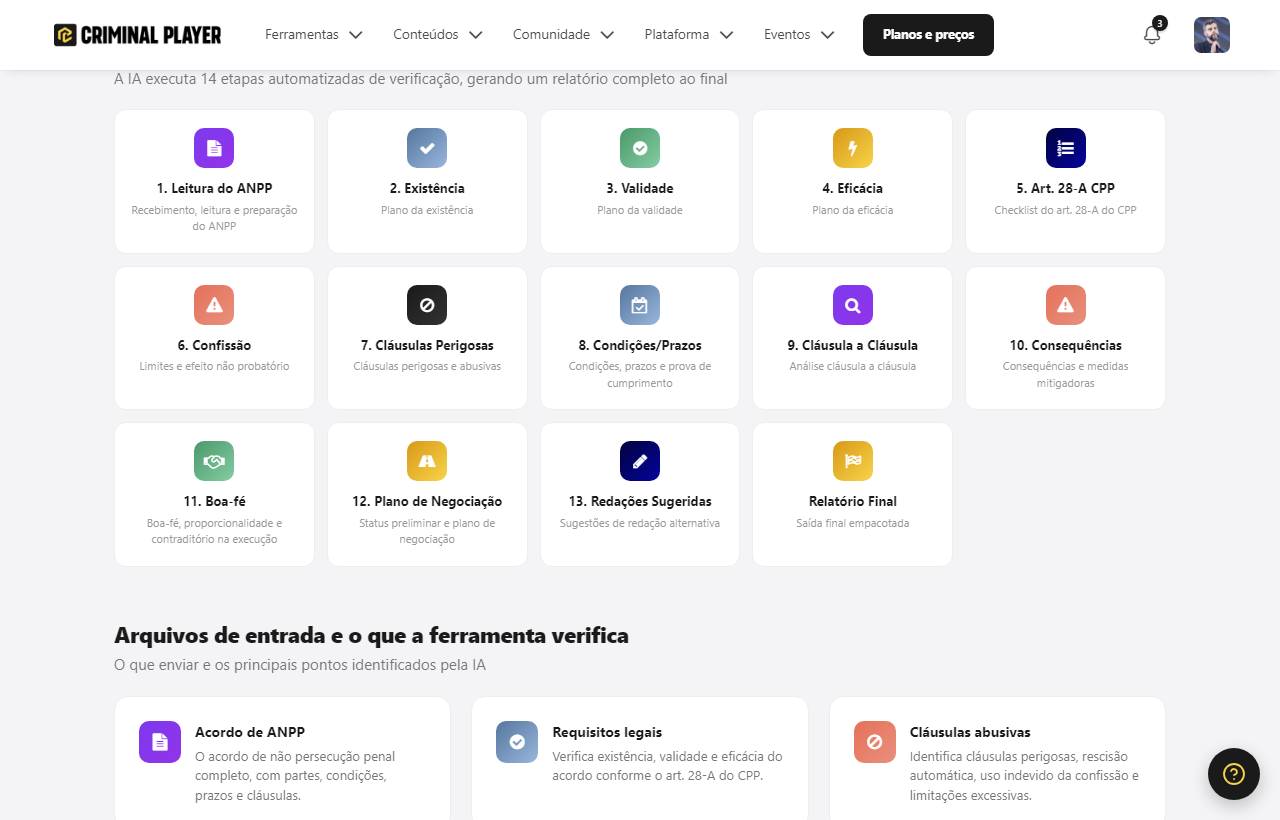 As 14 etapas da ferramenta: leitura, existência, validade, eficácia, art. 28-A, confissão, cláusulas perigosas, condições, cláusula a cláusula, consequências, boa-fé, plano de negociação, redações sugeridas e relatório final