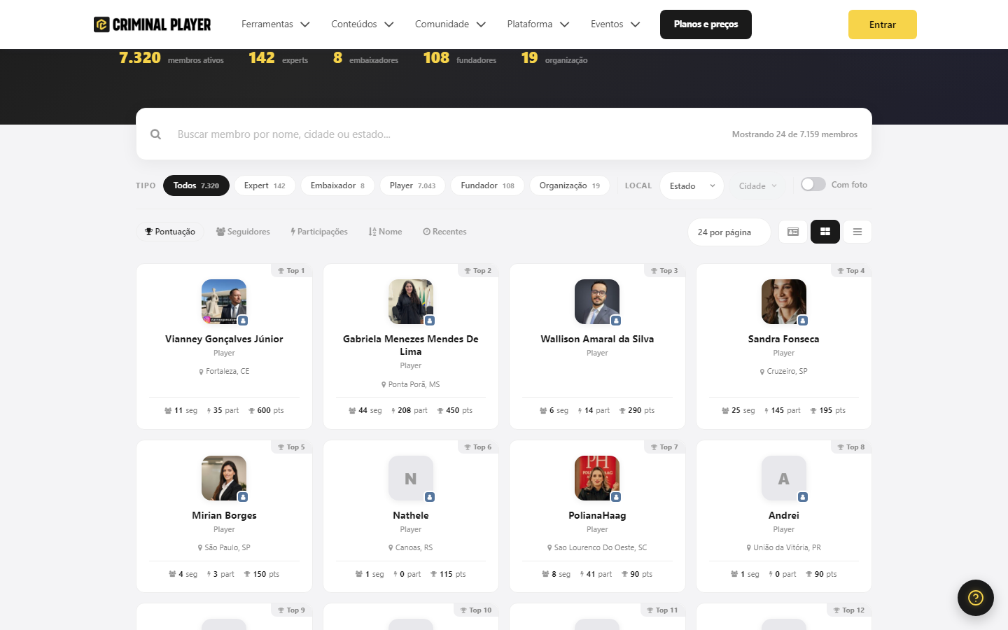 Diretório de membros com busca, filtros por tipo e estado, e cards dos membros