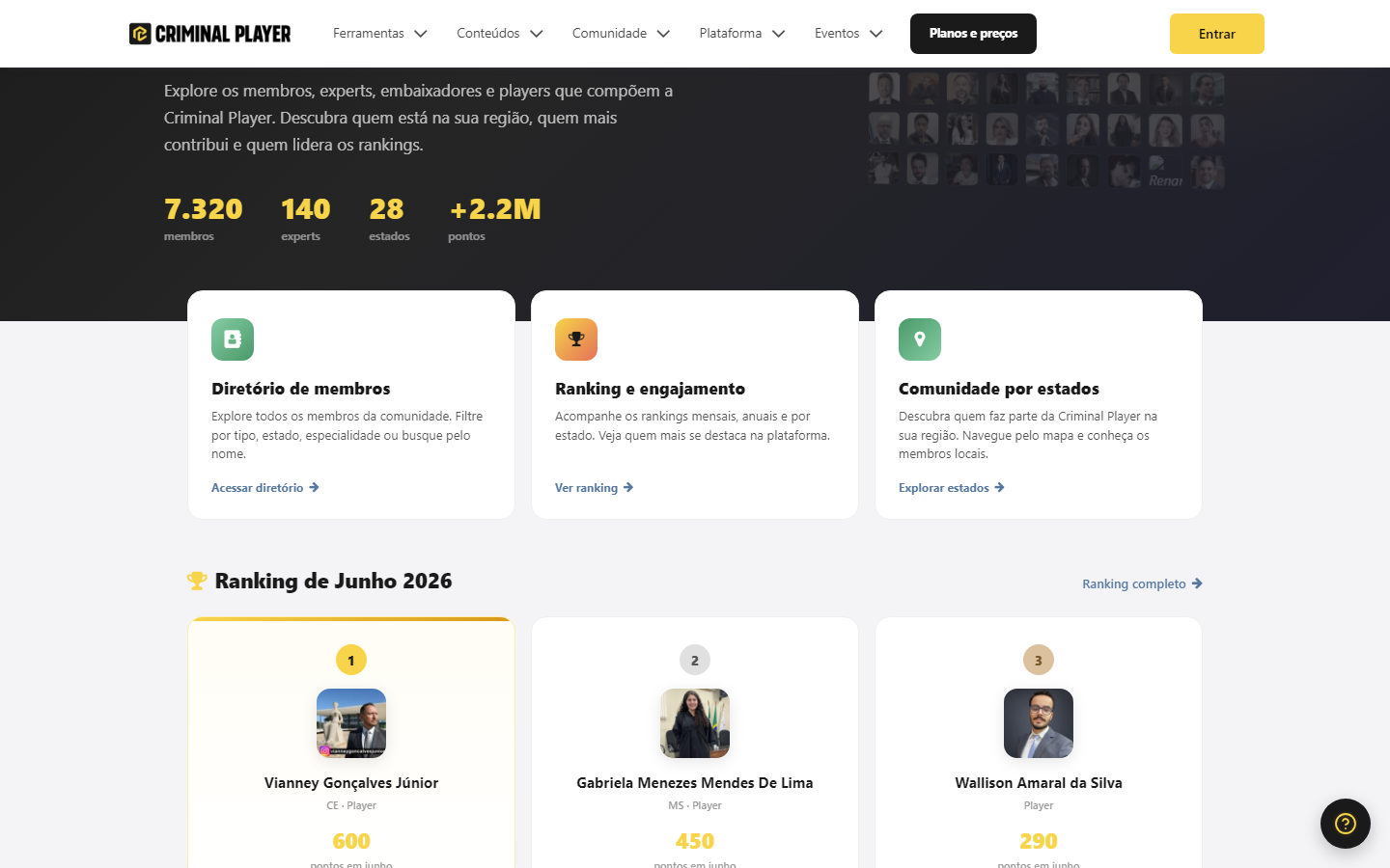 Hub da Comunidade com números, cards de entrada e o ranking do mês