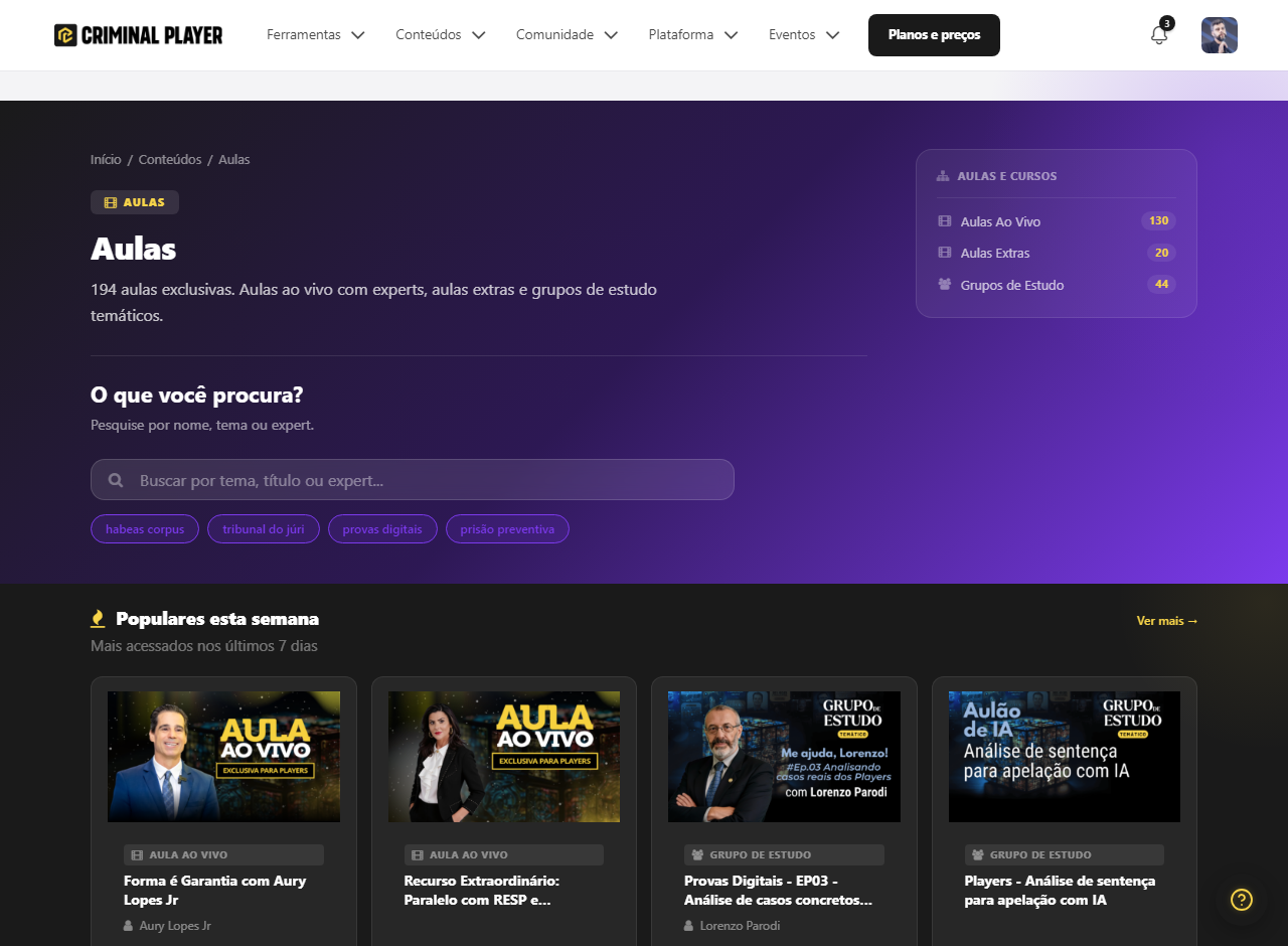 Página de Aulas com busca, populares da semana e os tipos de aula (ao vivo, extras e grupos de estudo)