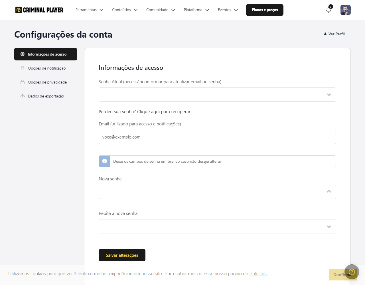 Aba Informações de acesso, com os campos Senha Atual, Email, Nova senha e Repita a nova senha, e o botão Salvar alterações