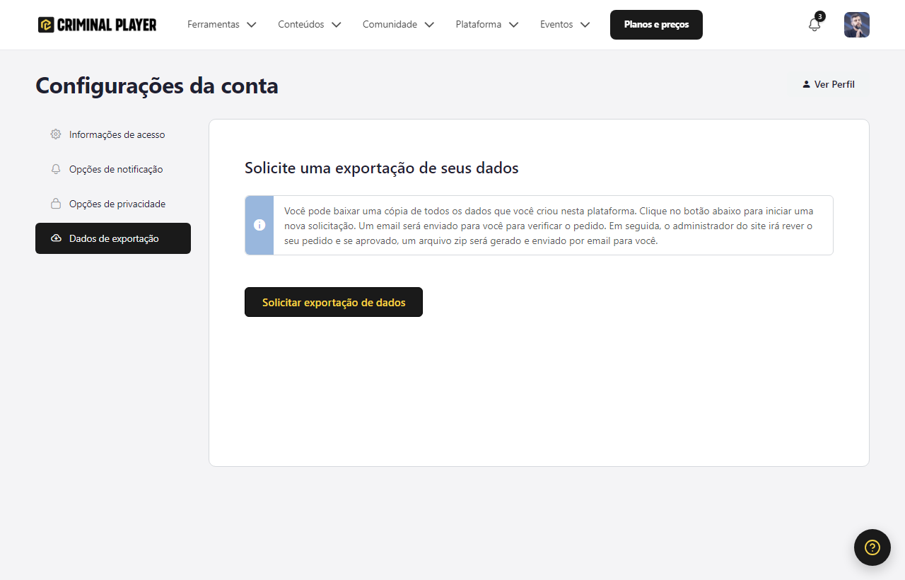 Aba Dados de exportação, com a explicação do processo e o botão Solicitar exportação de dados