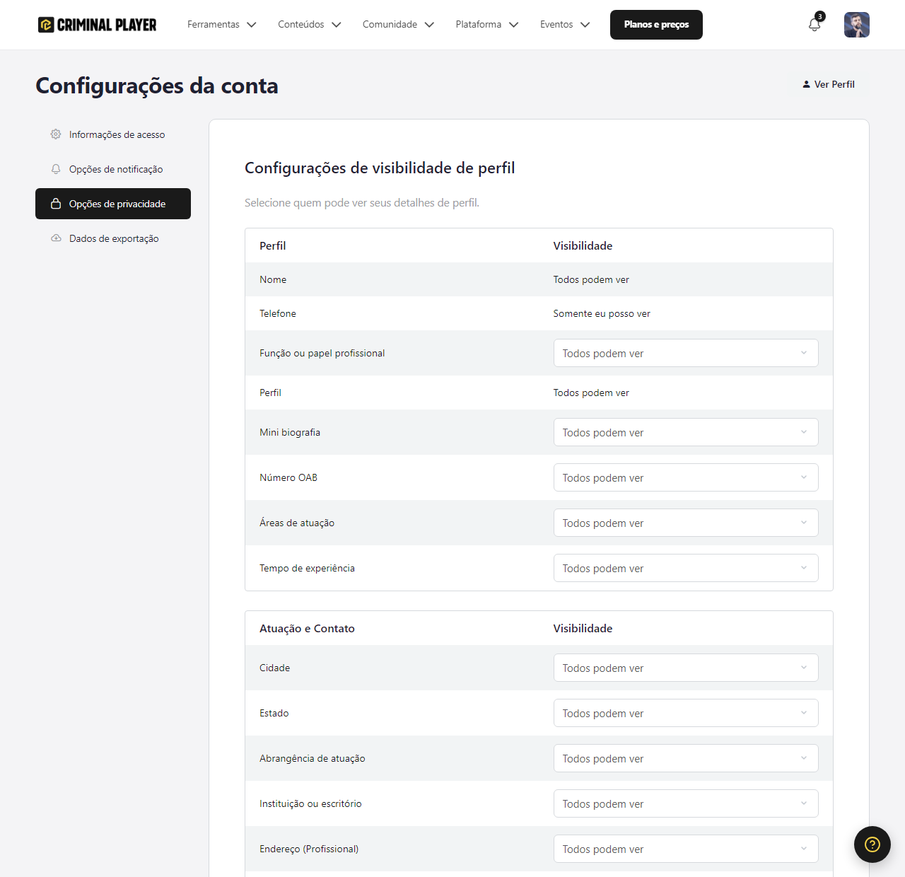 Tela Configurações de visibilidade de perfil, com cada campo do perfil e seu seletor de visibilidade