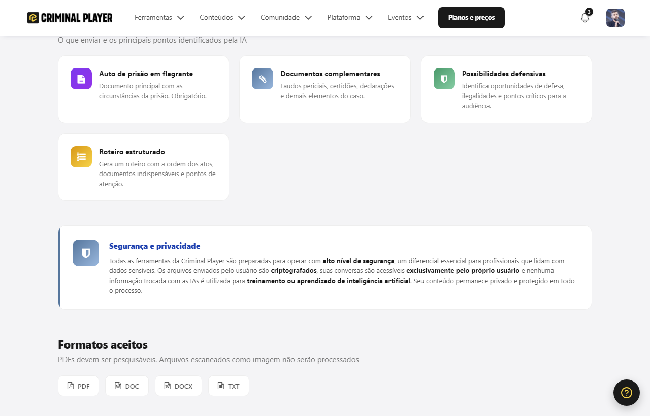O que enviar e o que a ferramenta faz: auto de prisão em flagrante, documentos complementares, possibilidades defensivas e roteiro estruturado