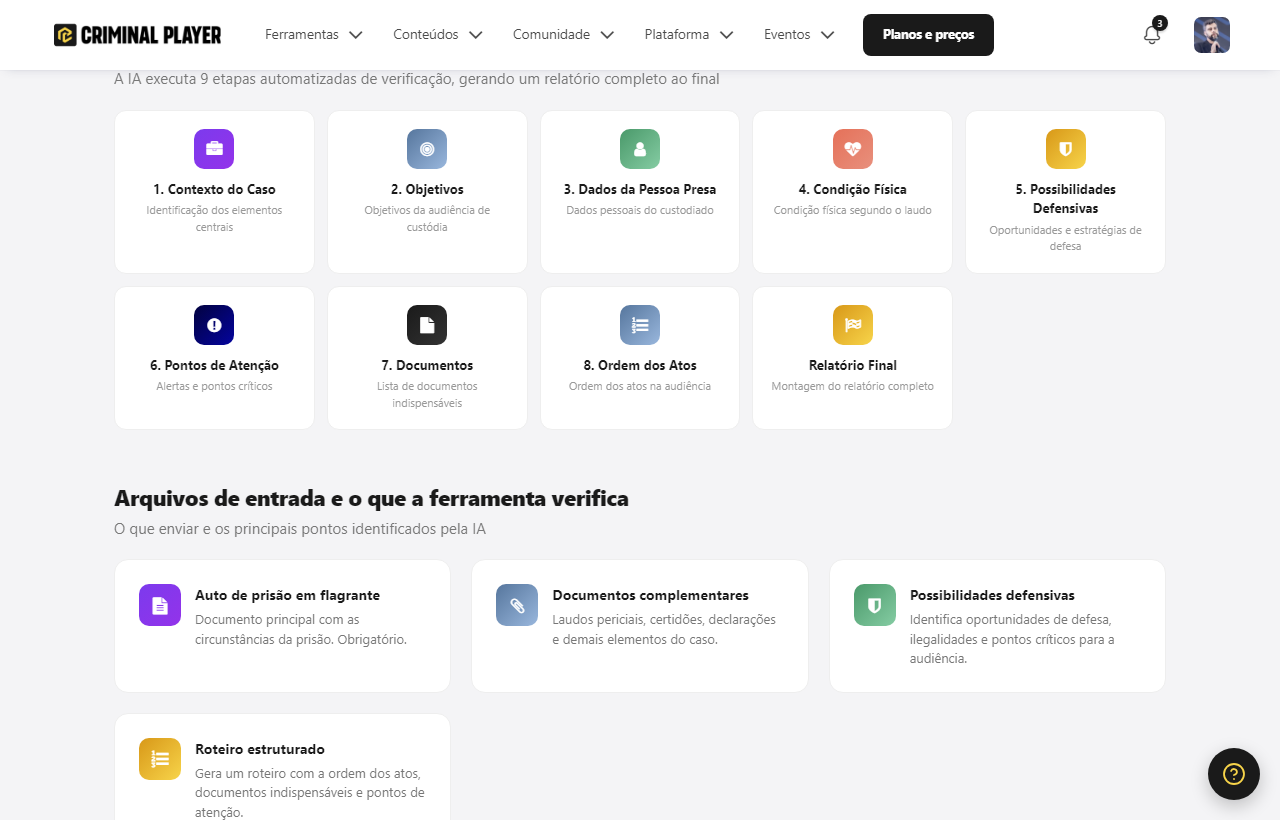 As 8 etapas da ferramenta: contexto, objetivos, dados da pessoa presa, condição física, possibilidades defensivas, pontos de atenção, documentos e ordem dos atos