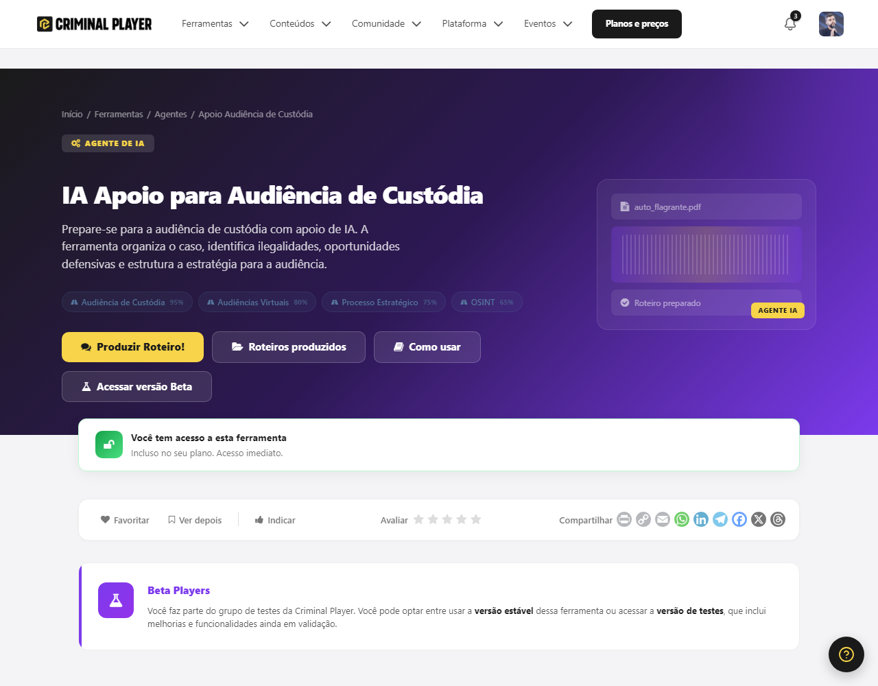 Página da IA Apoio para Audiência de Custódia, com o botão de acesso e o passo a passo Execute, Anexe o auto de prisão, Receba o roteiro