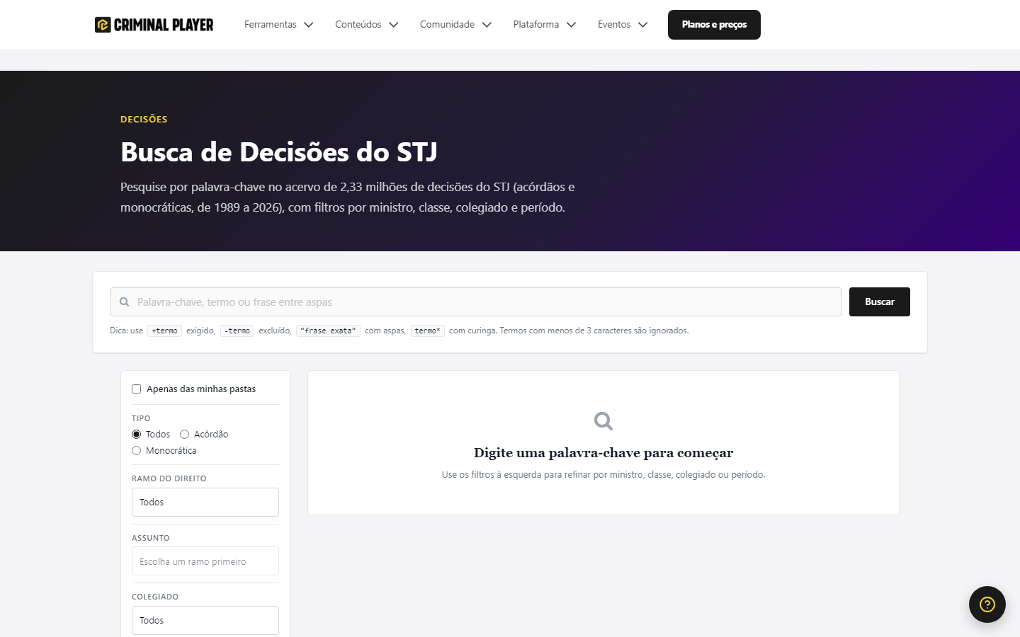 Página da Busca de Decisões com o campo de busca e a lista de filtros