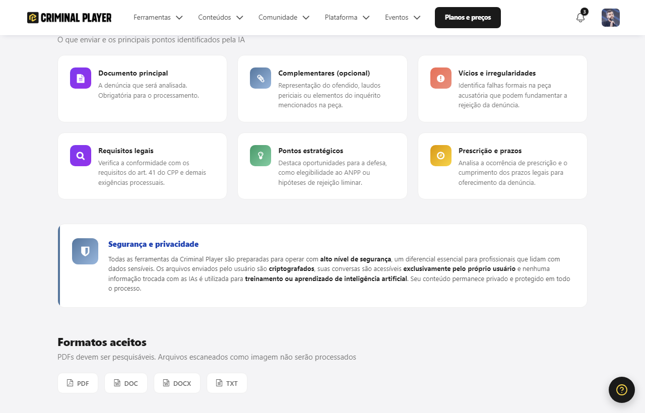 O que enviar e o que a ferramenta verifica: documento principal, complementares, vícios, requisitos legais, pontos estratégicos, segurança e formatos aceitos