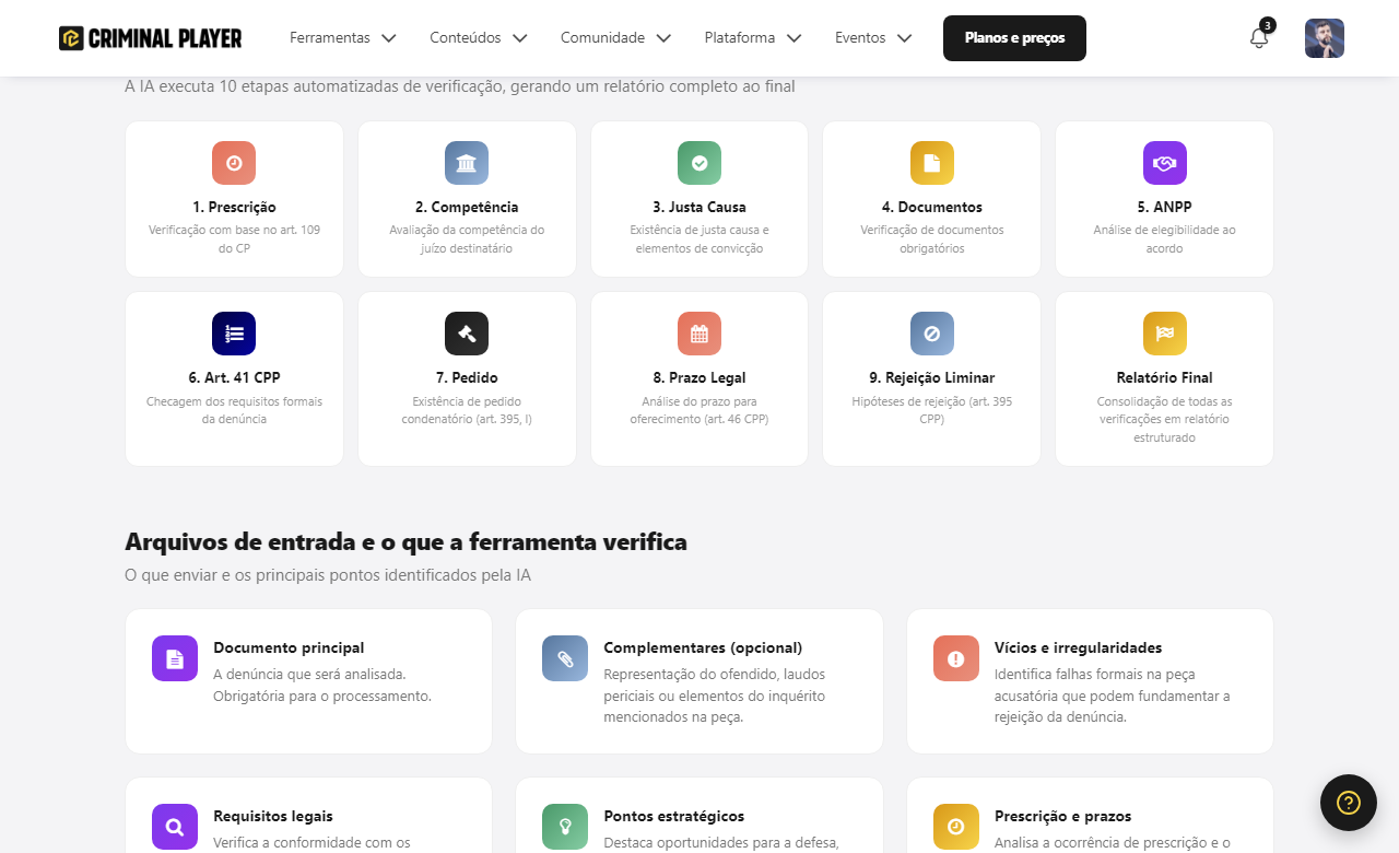 As 10 etapas de verificação da ferramenta: prescrição, competência, justa causa, documentos, ANPP, art. 41 CPP, pedido, prazo legal, rejeição liminar e relatório final