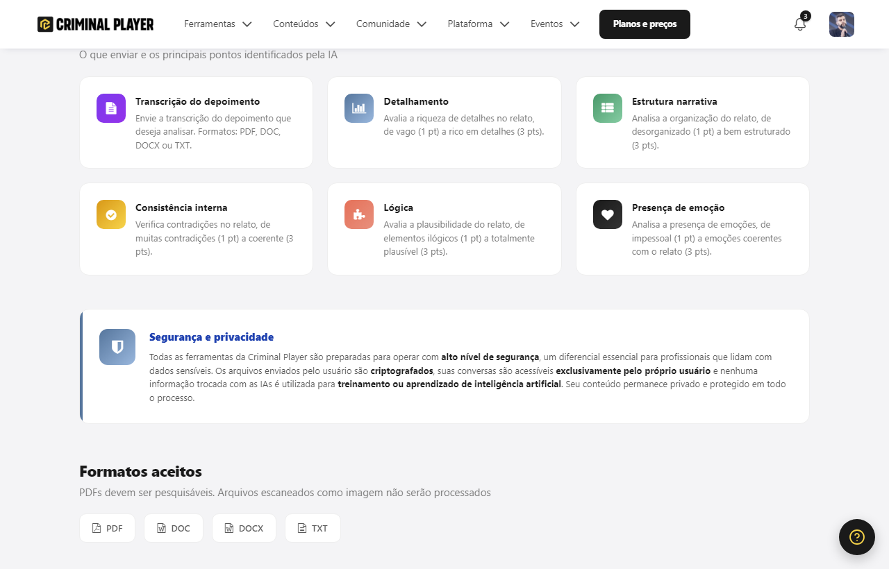 O que enviar e os critérios CBCA avaliados: detalhamento, estrutura narrativa, consistência interna, lógica e presença de emoção