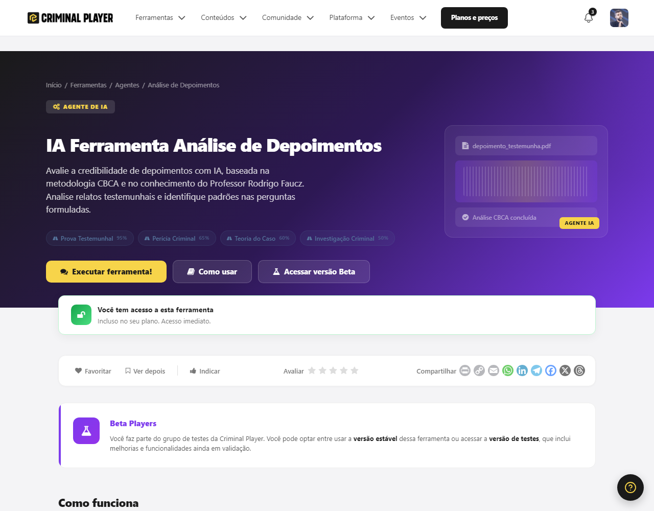 Página da IA Análise de Depoimentos, com o botão de acesso e o passo a passo Execute, Anexe o depoimento, Receba a análise