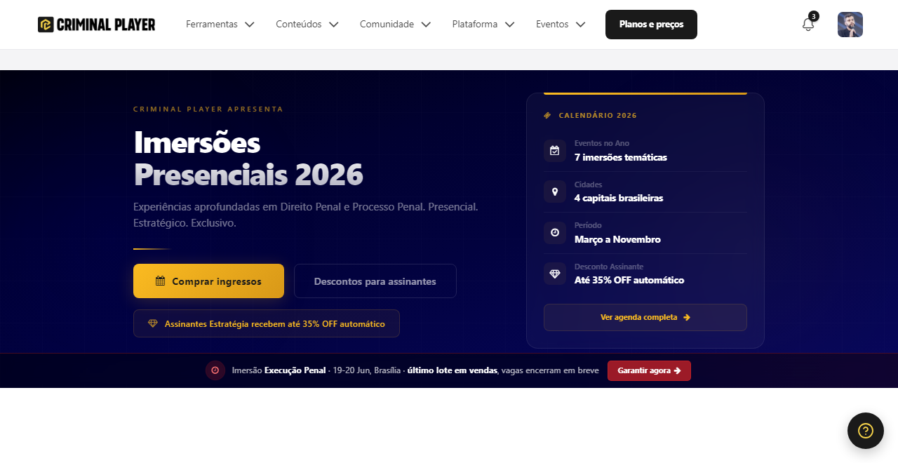 Página de Imersões Presenciais com o calendário do ano, o botão de comprar ingressos e o aviso de desconto para assinantes