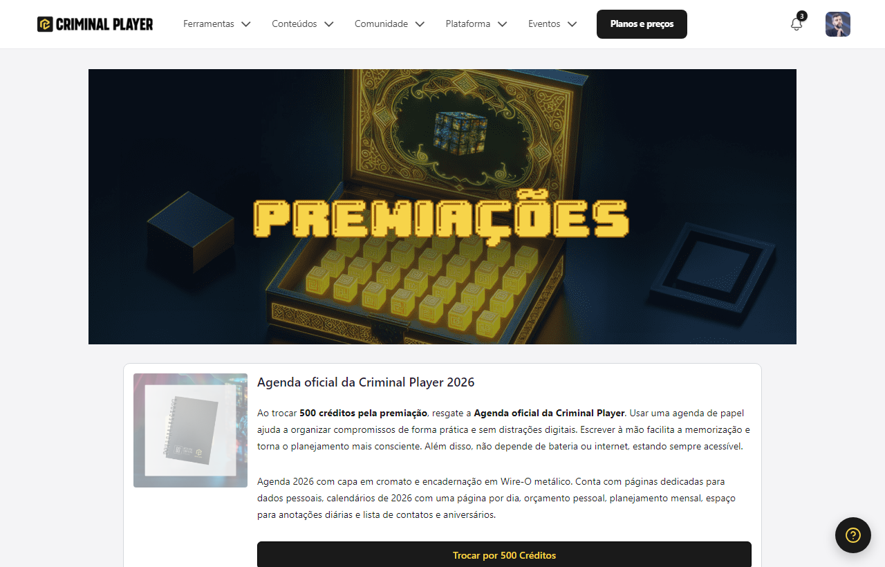 Página de Premiações com um prêmio em destaque e o botão para trocar pela quantidade de créditos necessária
