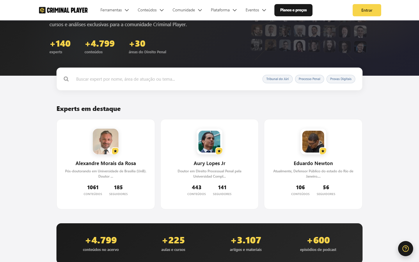 Hub dos Experts: números do acervo, busca e experts em destaque