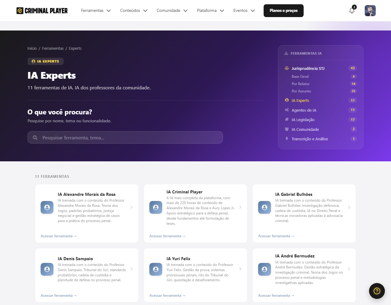 Hub das IAs dos Experts, com a lista dos professores que têm IA dedicada